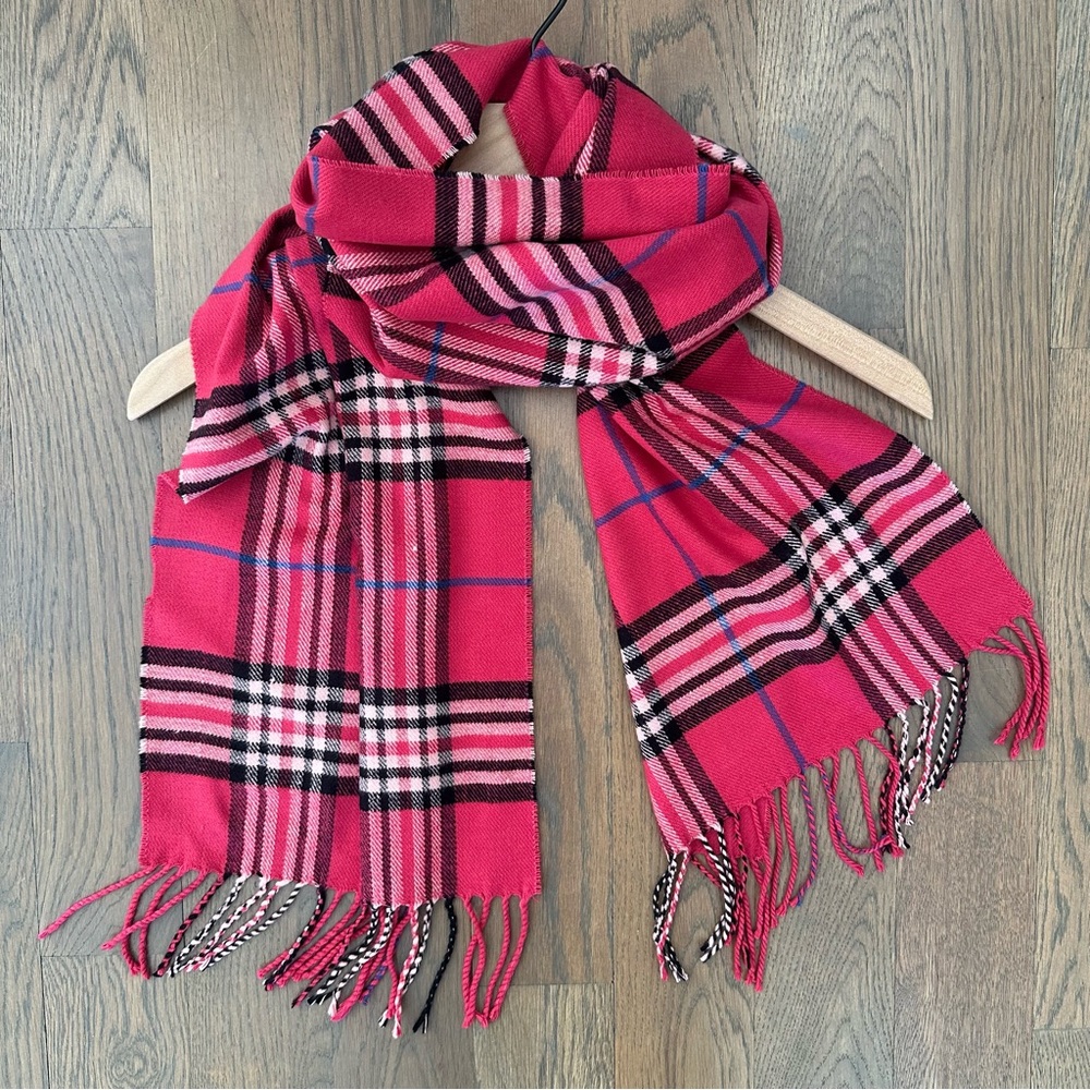 Anthro Vintage Plaid 100% Cashmere Oblong Scarf in Pink Multicolor 72" long